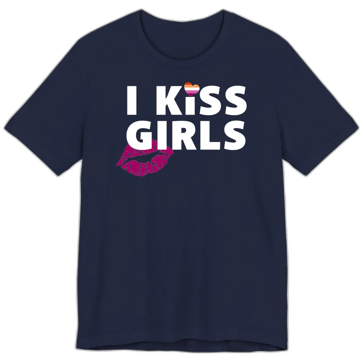 I Kiss Girls pride design with magenta lip print, rainbow heart, and bold white lettering celebrating lesbian identity in Navy