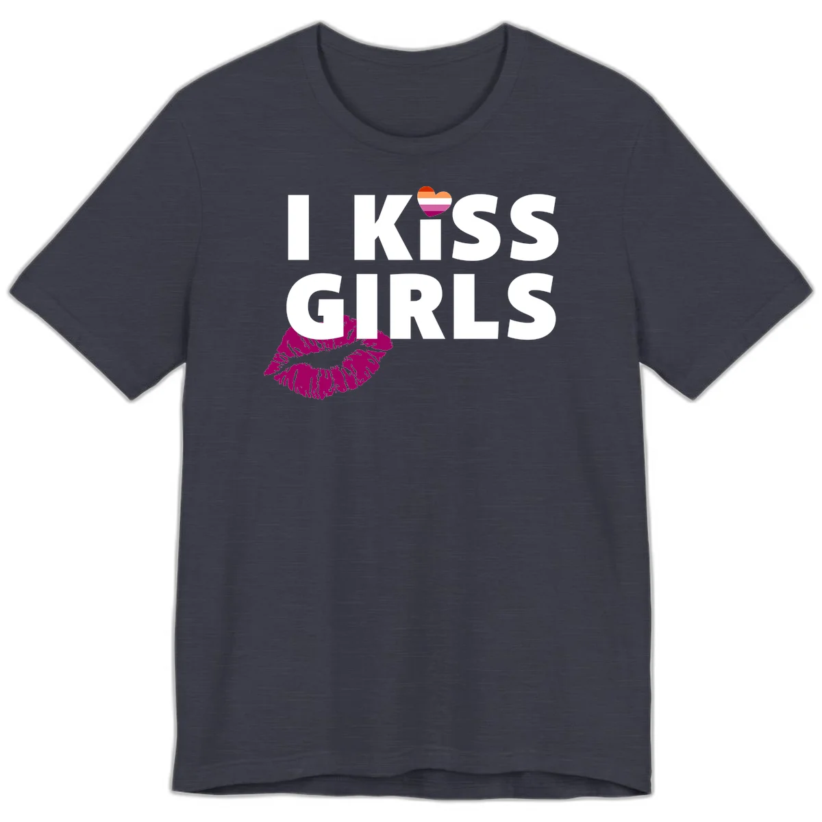 I Kiss Girls pride design with magenta lip print, rainbow heart, and bold white lettering celebrating lesbian identity in Heather Midnight Navy