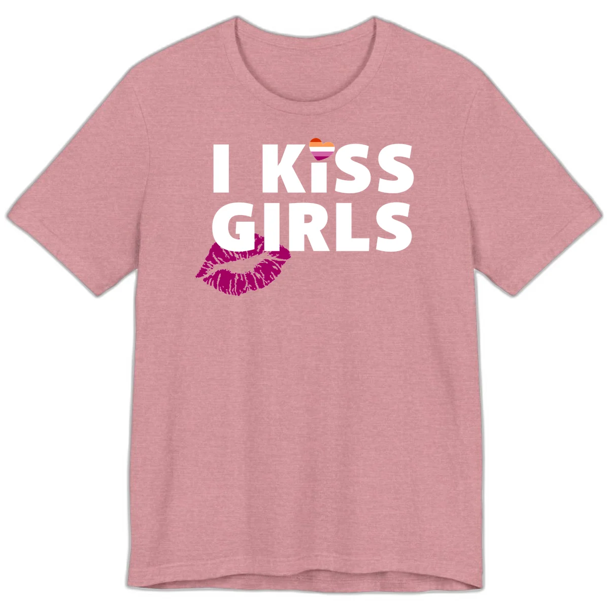 I Kiss Girls pride design with magenta lip print, rainbow heart, and bold white lettering celebrating lesbian identity in Heather Orchid