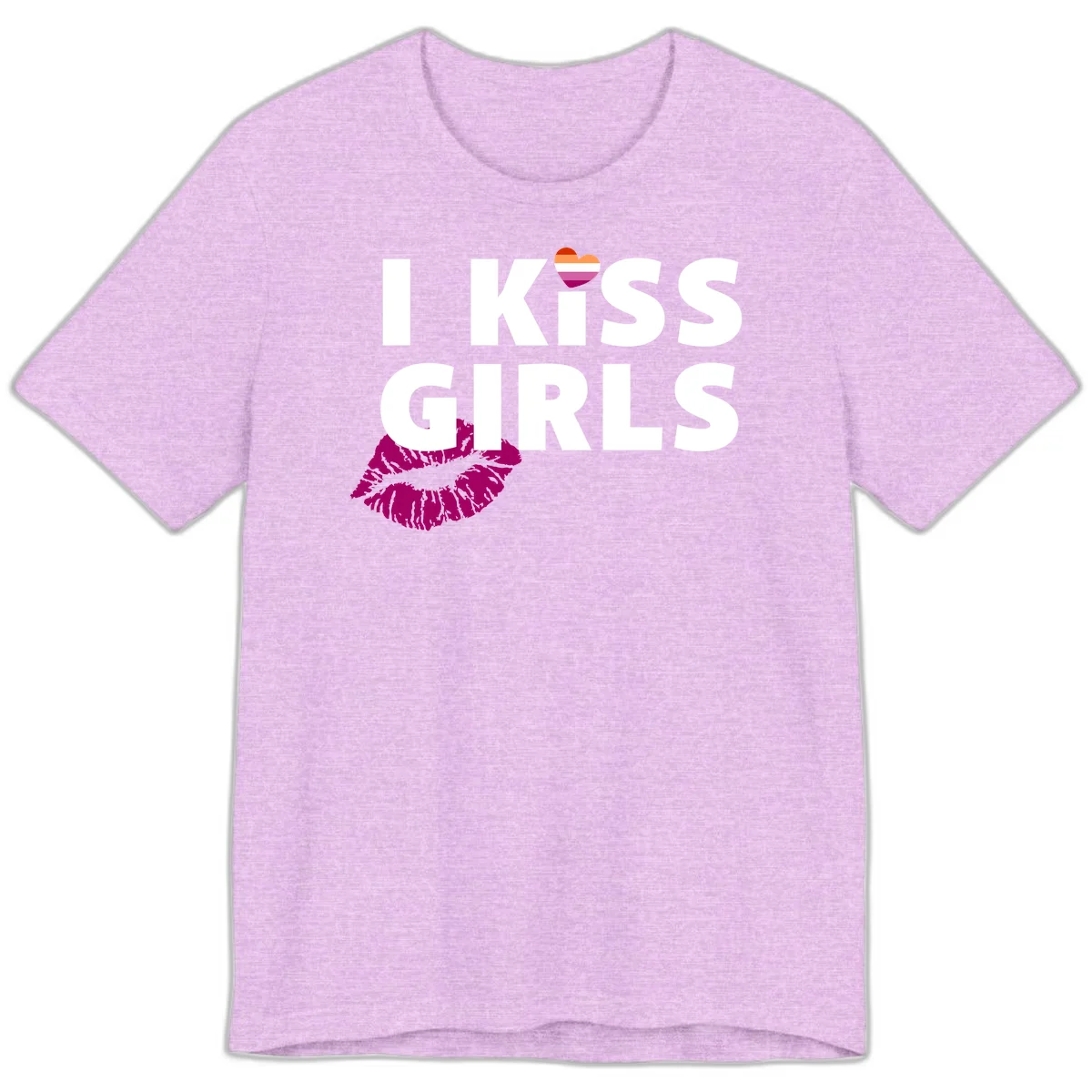 I Kiss Girls pride design with magenta lip print, rainbow heart, and bold white lettering celebrating lesbian identity in Heather Prism Lilac