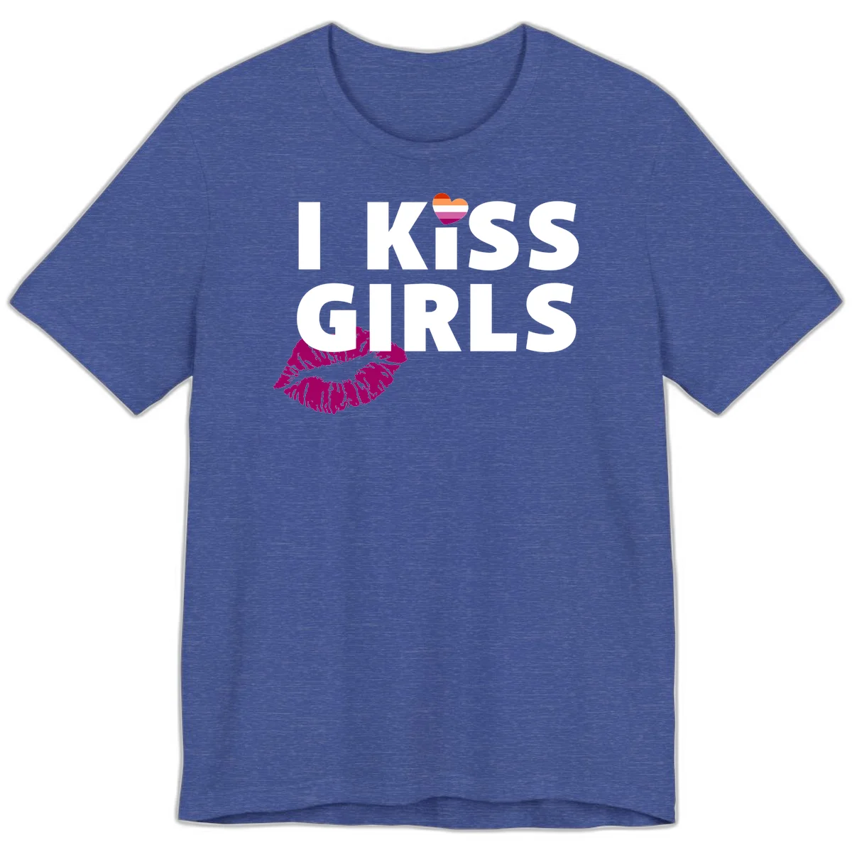 I Kiss Girls pride design with magenta lip print, rainbow heart, and bold white lettering celebrating lesbian identity in Heather True Royal