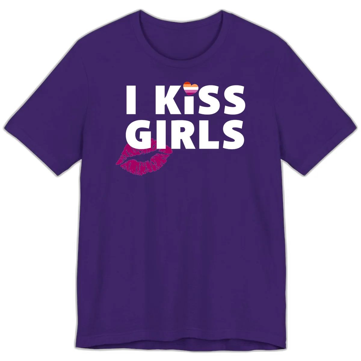 I Kiss Girls pride design with magenta lip print, rainbow heart, and bold white lettering celebrating lesbian identity in Team Purple