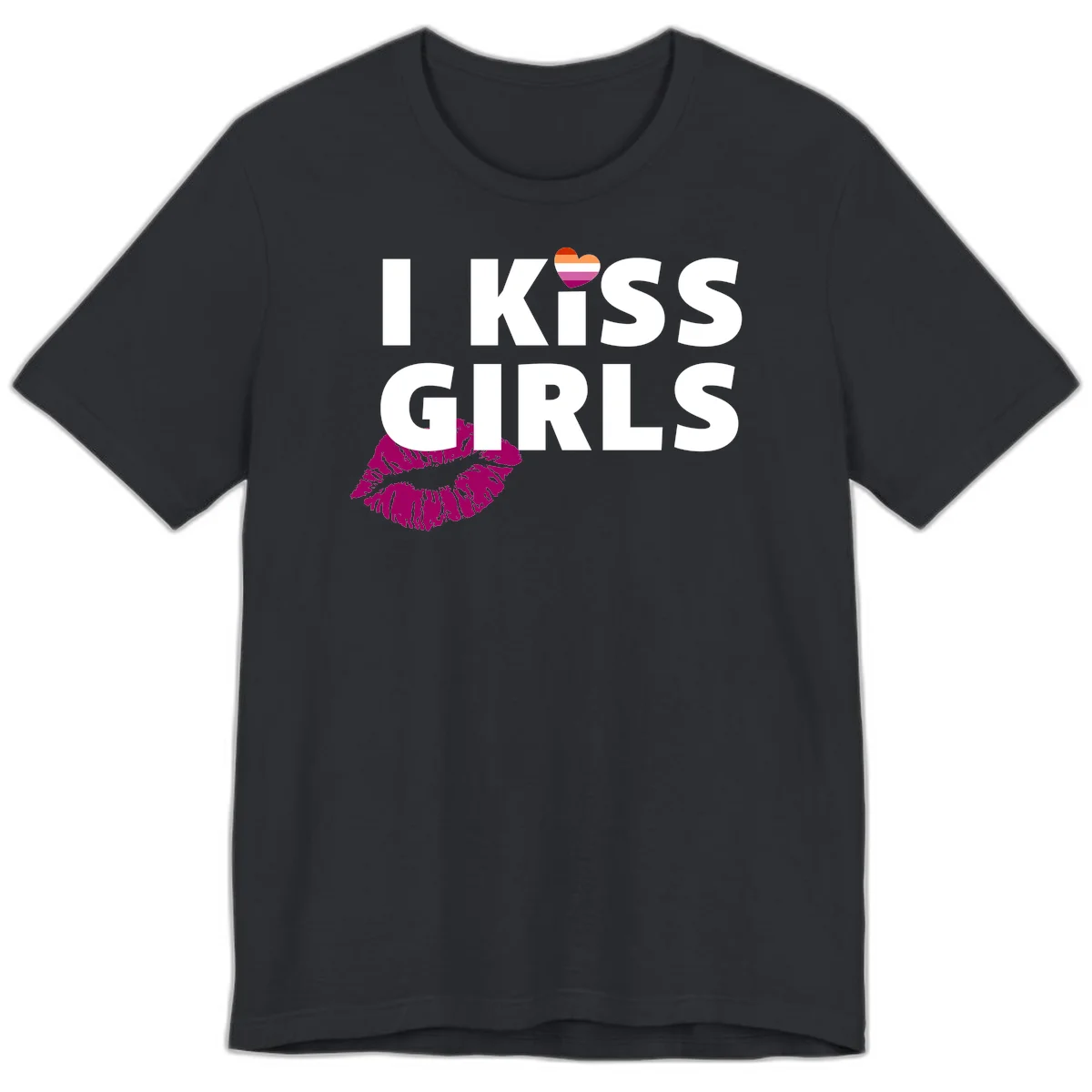 I Kiss Girls pride design with magenta lip print, rainbow heart, and bold white lettering celebrating lesbian identity in Vintage Black