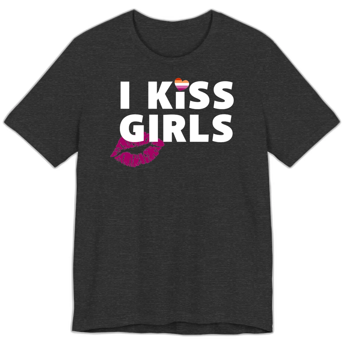 I Kiss Girls pride design with magenta lip print, rainbow heart, and bold white lettering celebrating lesbian identity in Dark Grey Heather