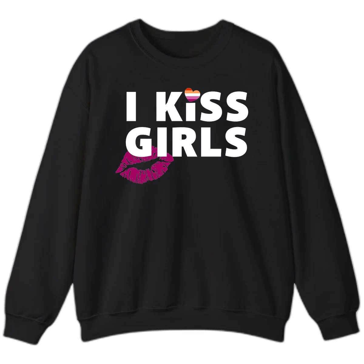 I Kiss Girls pride design with magenta lip print, rainbow heart, and bold white lettering celebrating lesbian identity in Black