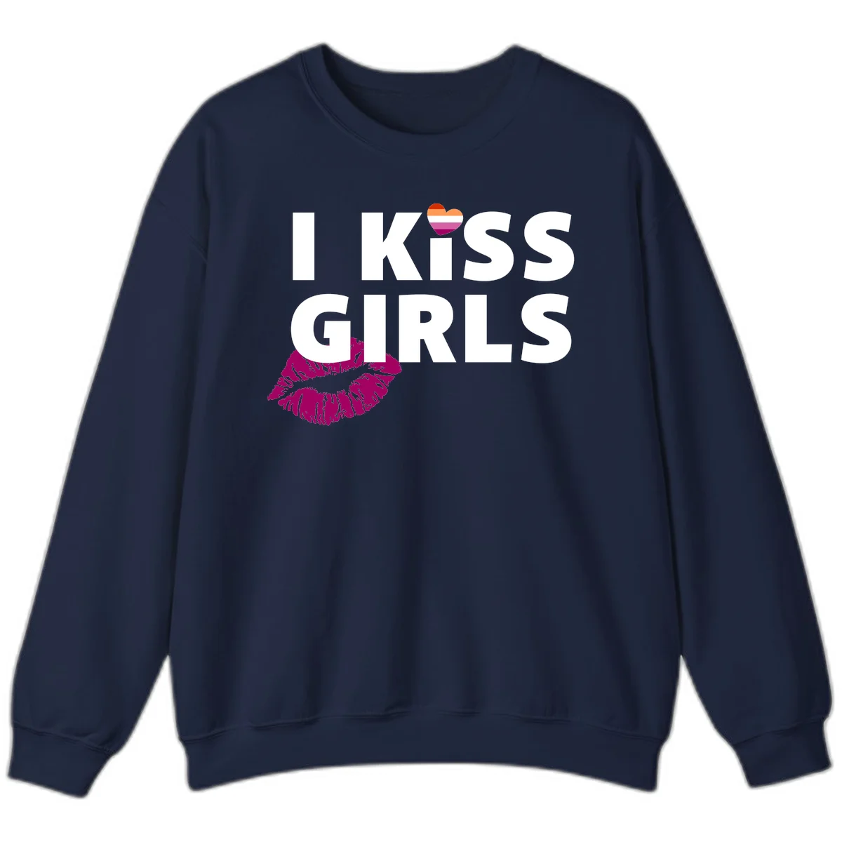 I Kiss Girls pride design with magenta lip print, rainbow heart, and bold white lettering celebrating lesbian identity in Navy