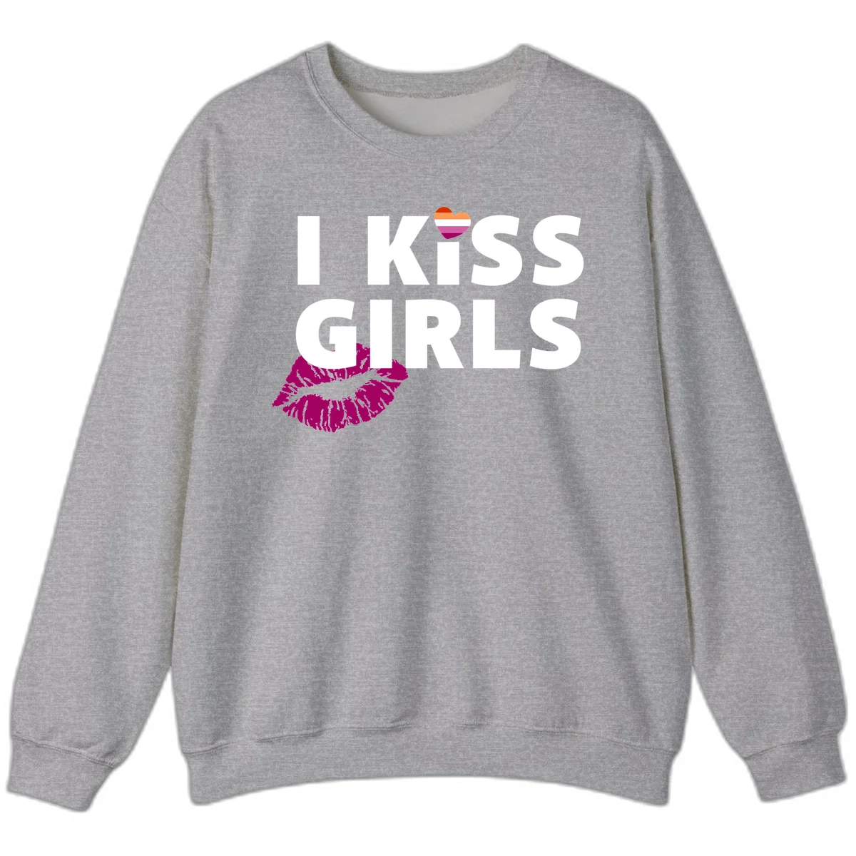 I Kiss Girls pride design with magenta lip print, rainbow heart, and bold white lettering celebrating lesbian identity in Sport Grey