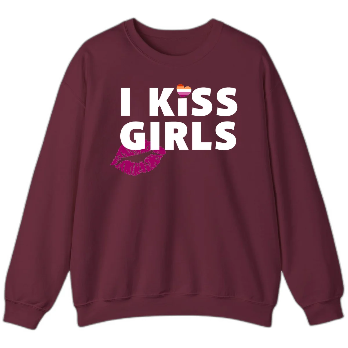 I Kiss Girls pride design with magenta lip print, rainbow heart, and bold white lettering celebrating lesbian identity in Maroon