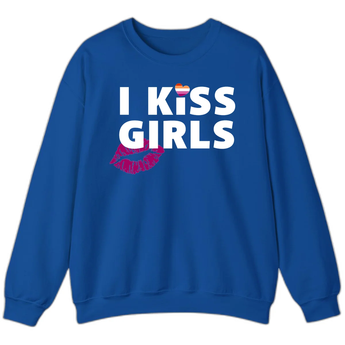I Kiss Girls pride design with magenta lip print, rainbow heart, and bold white lettering celebrating lesbian identity in Royal