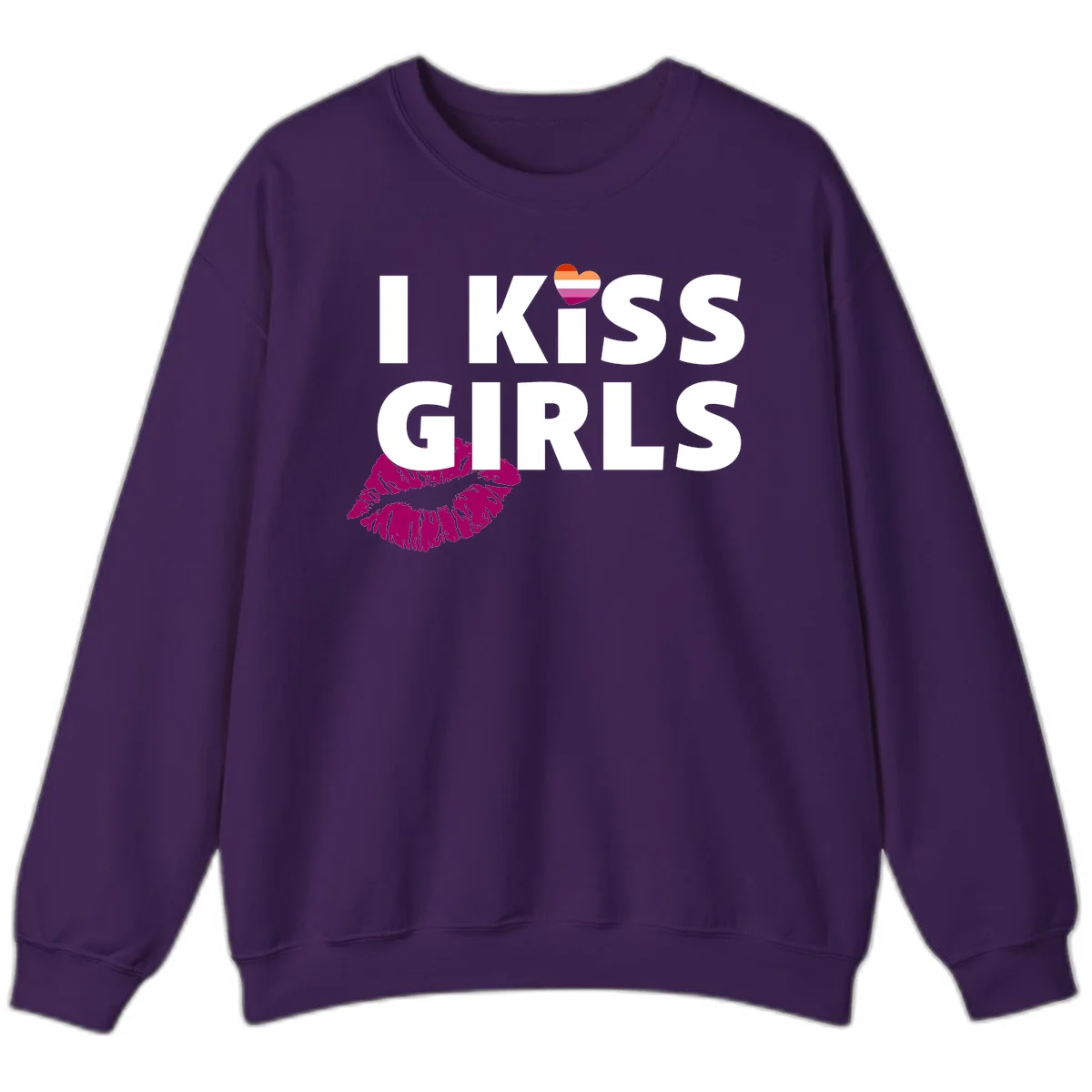 I Kiss Girls pride design with magenta lip print, rainbow heart, and bold white lettering celebrating lesbian identity in Purple