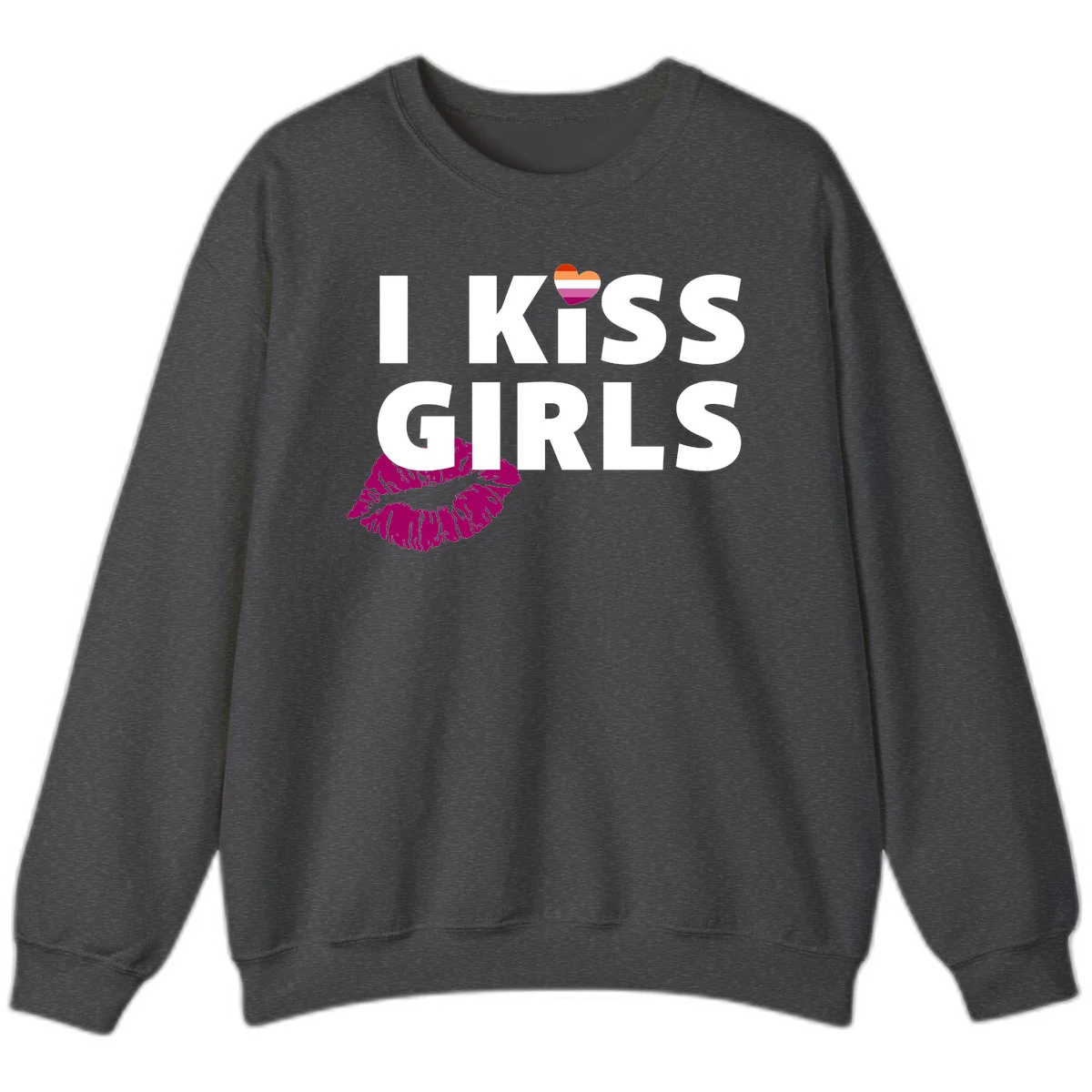 I Kiss Girls pride design with magenta lip print, rainbow heart, and bold white lettering celebrating lesbian identity in Dark Heather
