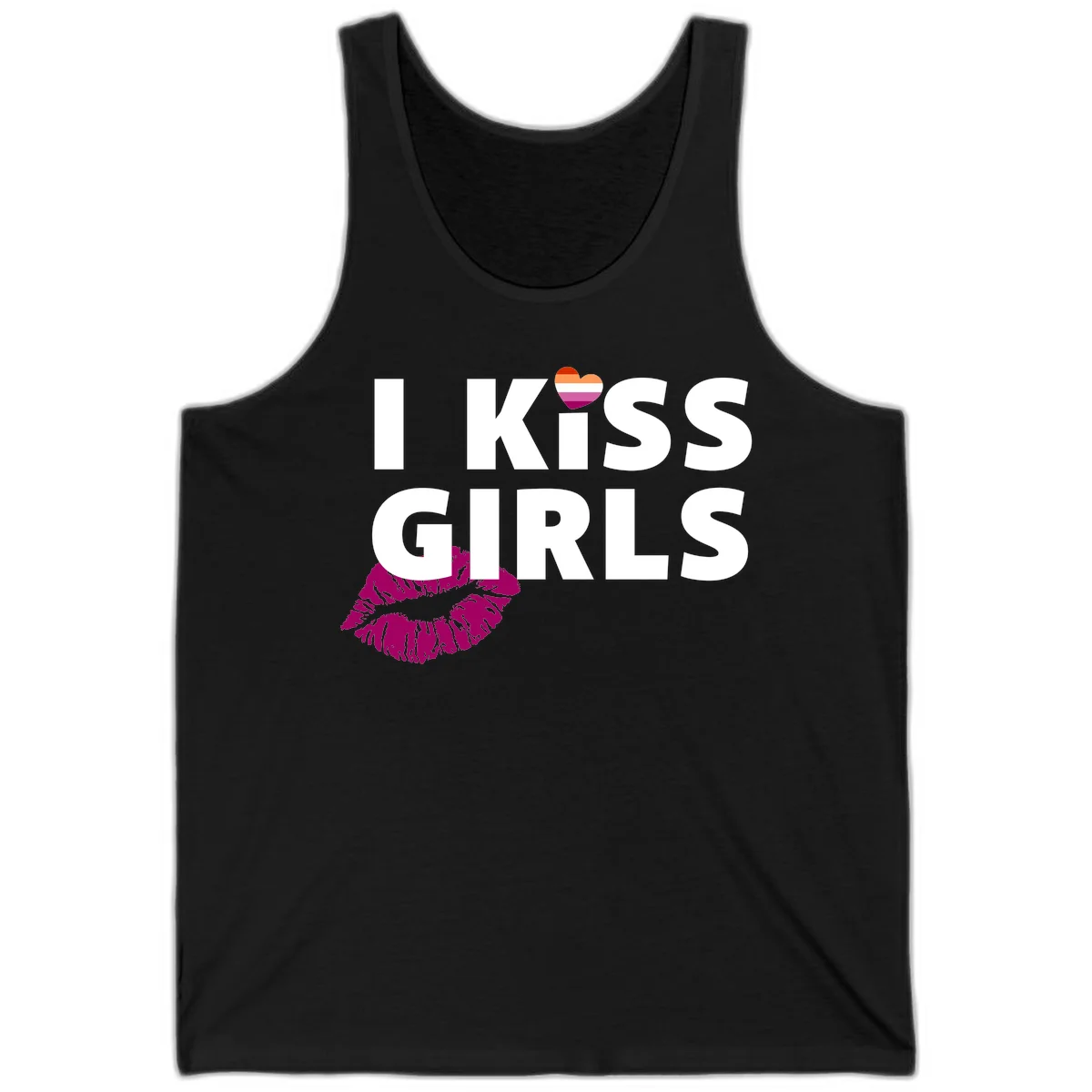 I Kiss Girls pride design with magenta lip print, rainbow heart, and bold white lettering celebrating lesbian identity in Black