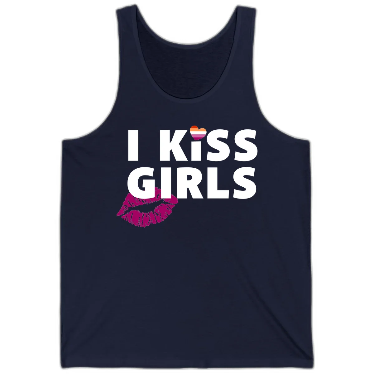 I Kiss Girls pride design with magenta lip print, rainbow heart, and bold white lettering celebrating lesbian identity in Navy