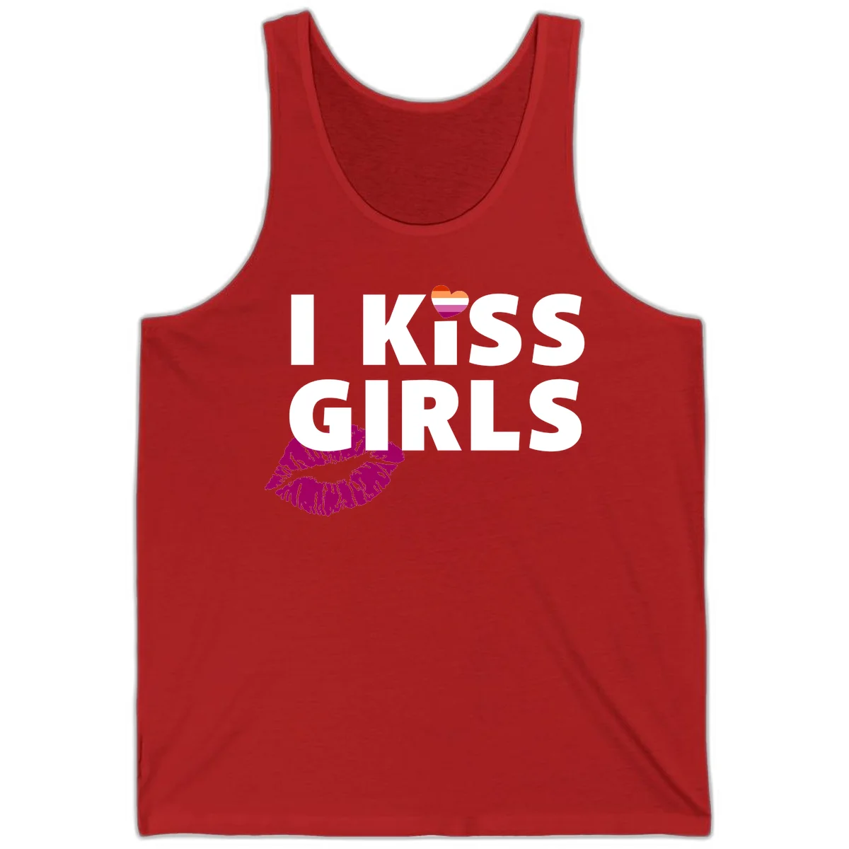I Kiss Girls pride design with magenta lip print, rainbow heart, and bold white lettering celebrating lesbian identity in Red