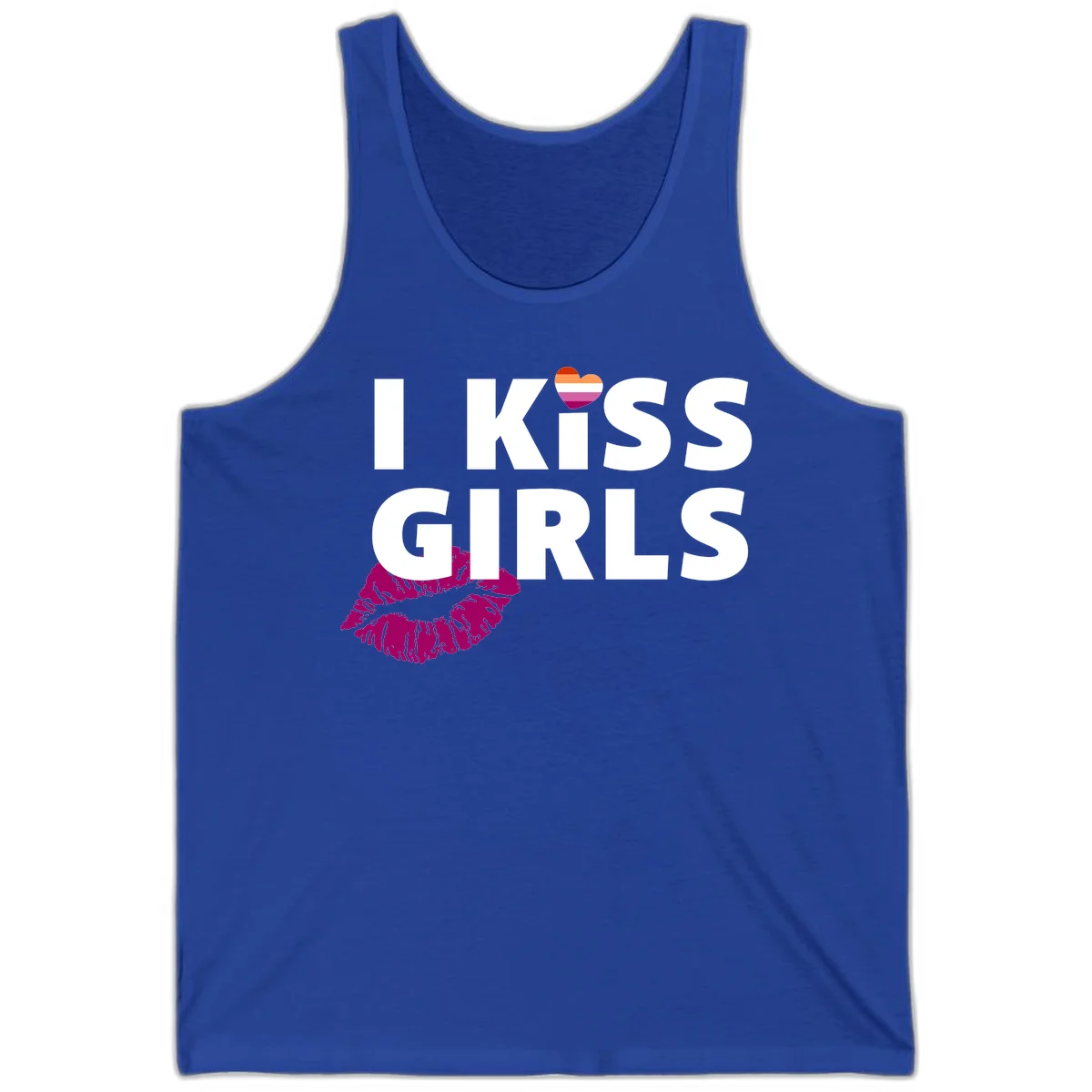 I Kiss Girls pride design with magenta lip print, rainbow heart, and bold white lettering celebrating lesbian identity in True Royal