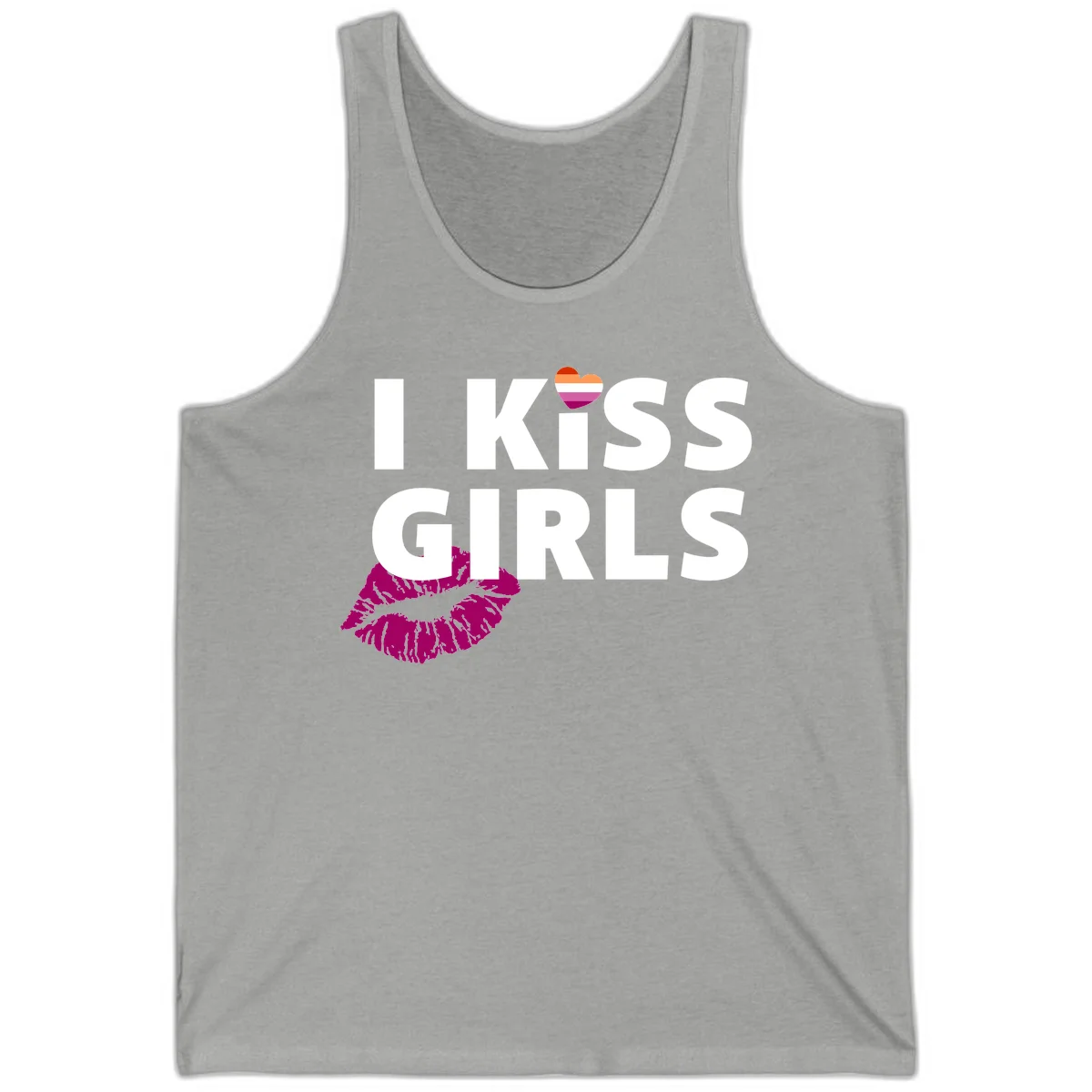 I Kiss Girls pride design with magenta lip print, rainbow heart, and bold white lettering celebrating lesbian identity in Athletic Heather