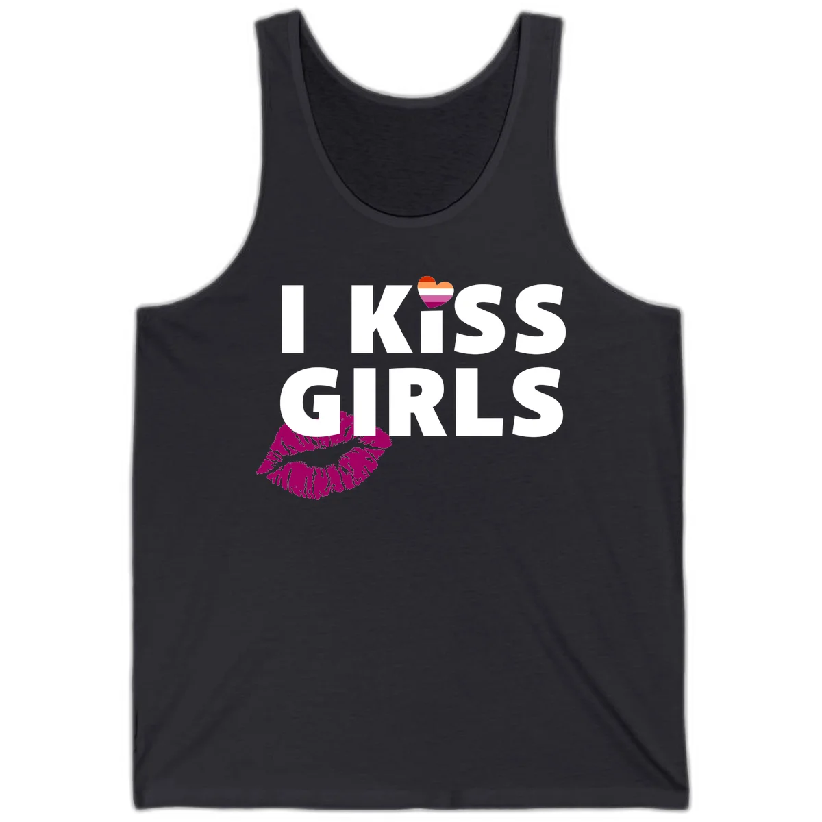 I Kiss Girls pride design with magenta lip print, rainbow heart, and bold white lettering celebrating lesbian identity in Dark Grey