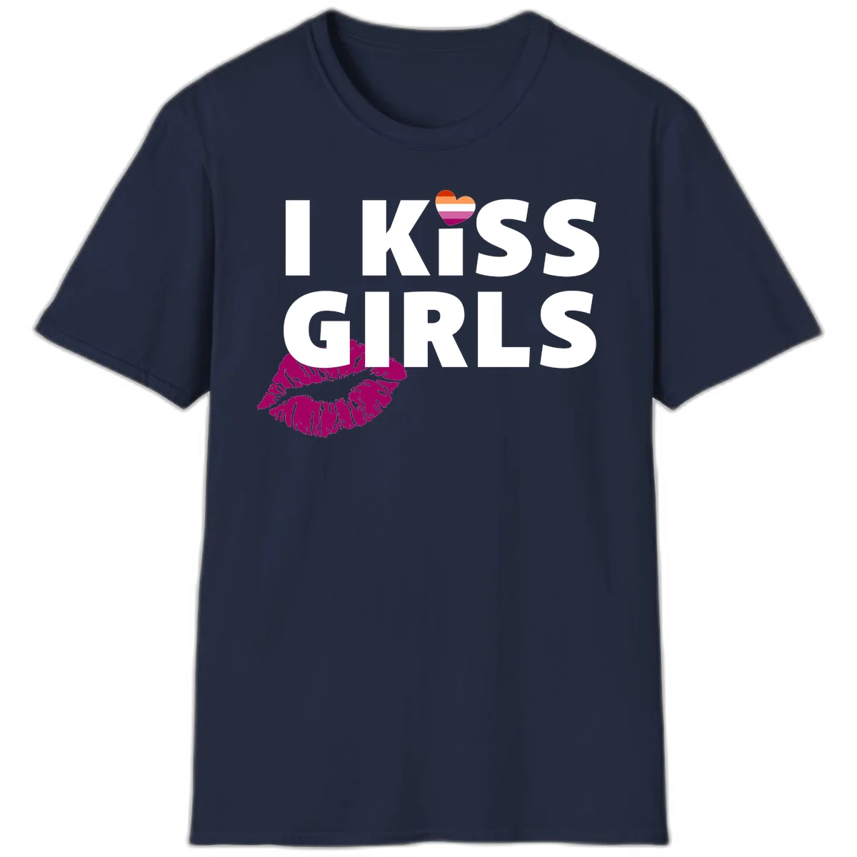 I Kiss Girls pride design with magenta lip print, rainbow heart, and bold white lettering celebrating lesbian identity in Navy