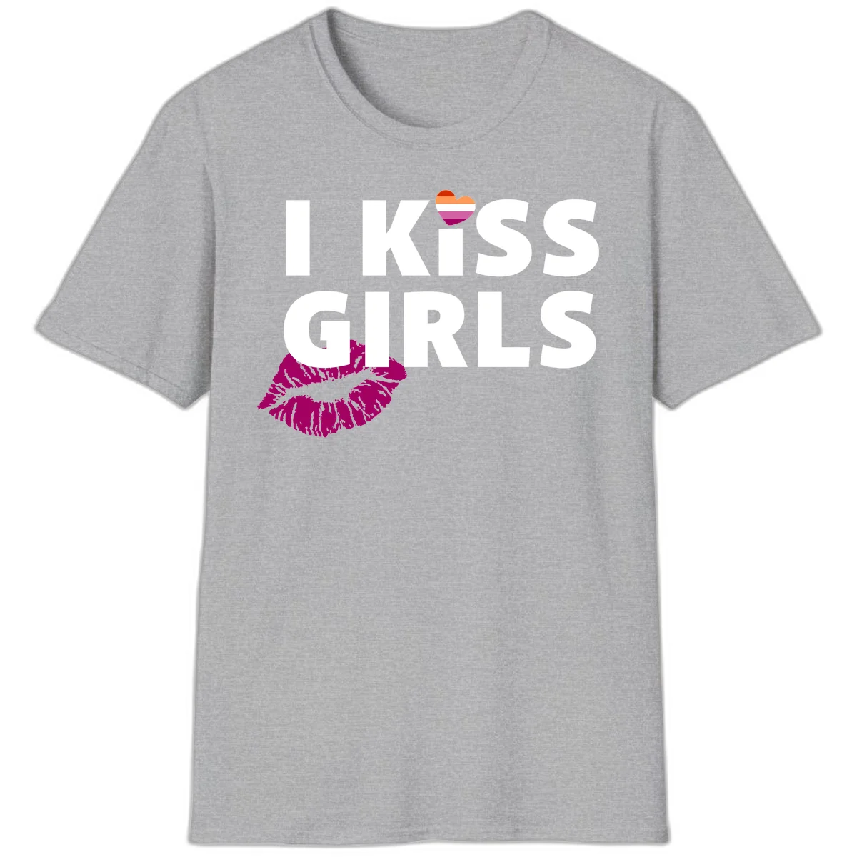 I Kiss Girls pride design with magenta lip print, rainbow heart, and bold white lettering celebrating lesbian identity in Sport Grey
