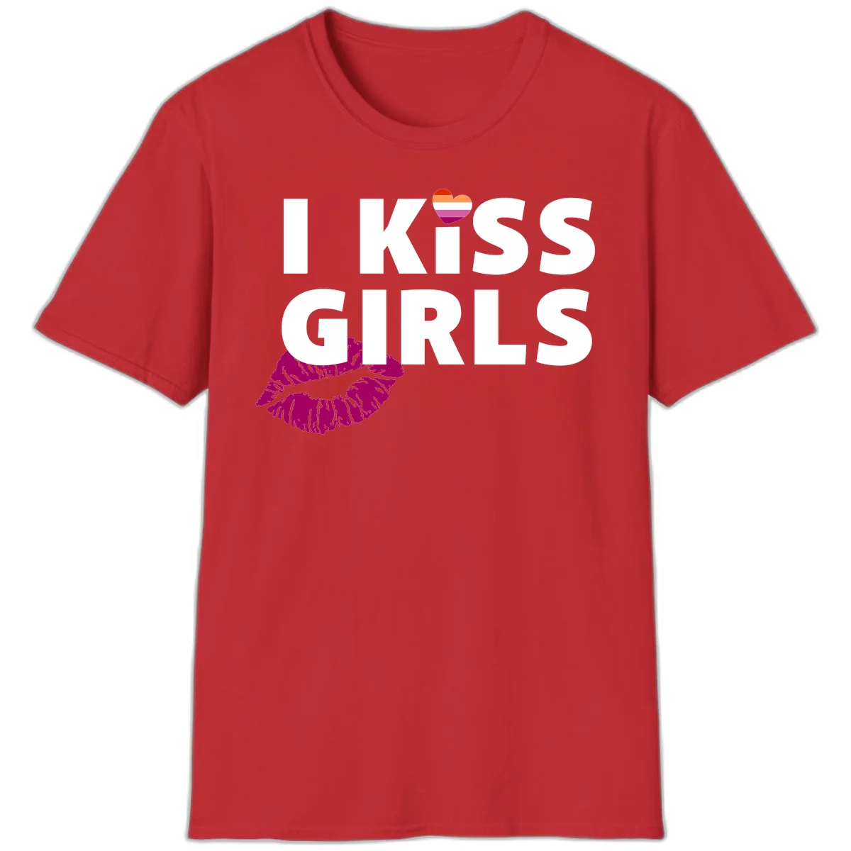 I Kiss Girls pride design with magenta lip print, rainbow heart, and bold white lettering celebrating lesbian identity in Red