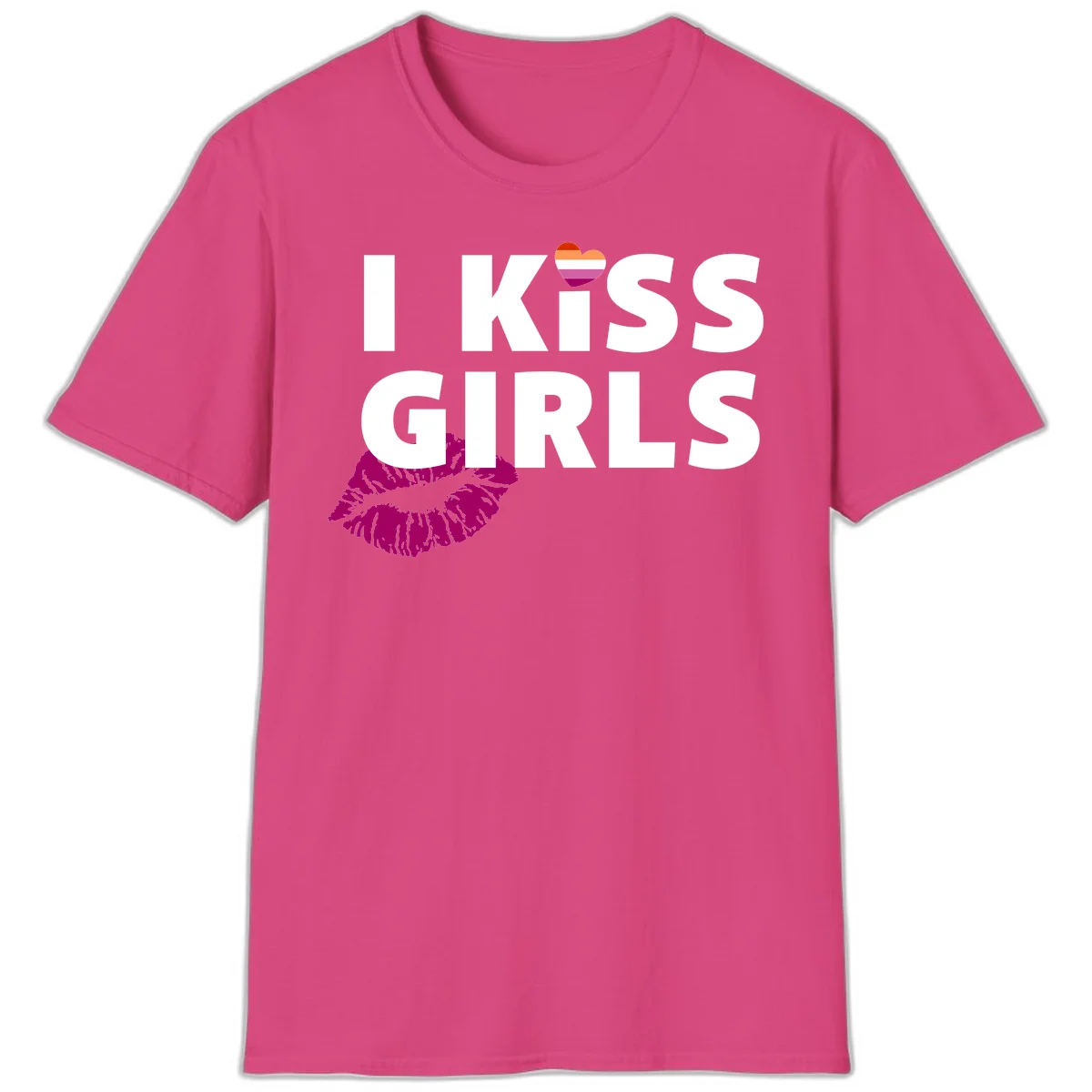 I Kiss Girls pride design with magenta lip print, rainbow heart, and bold white lettering celebrating lesbian identity in Heliconia