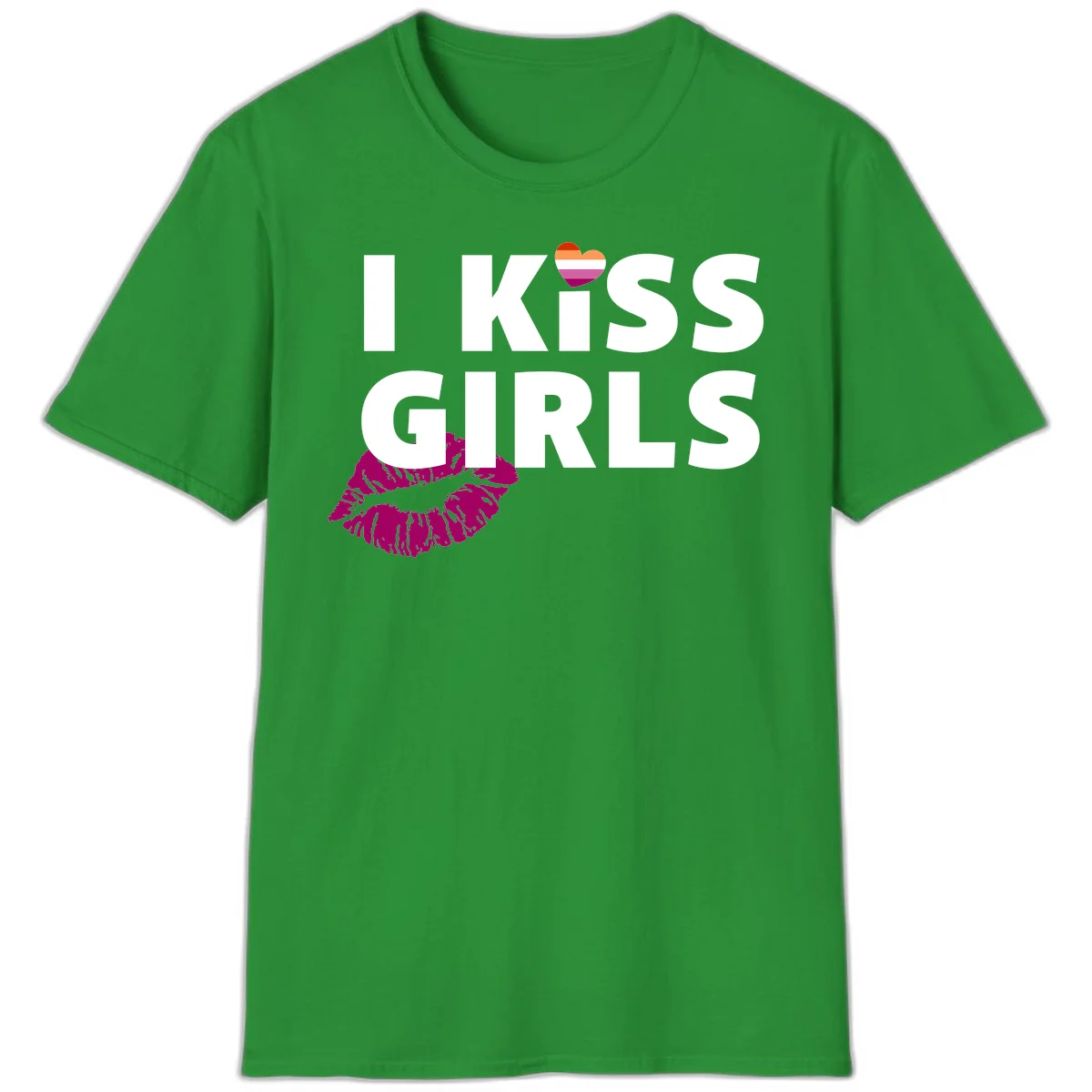 I Kiss Girls pride design with magenta lip print, rainbow heart, and bold white lettering celebrating lesbian identity in Irish Green