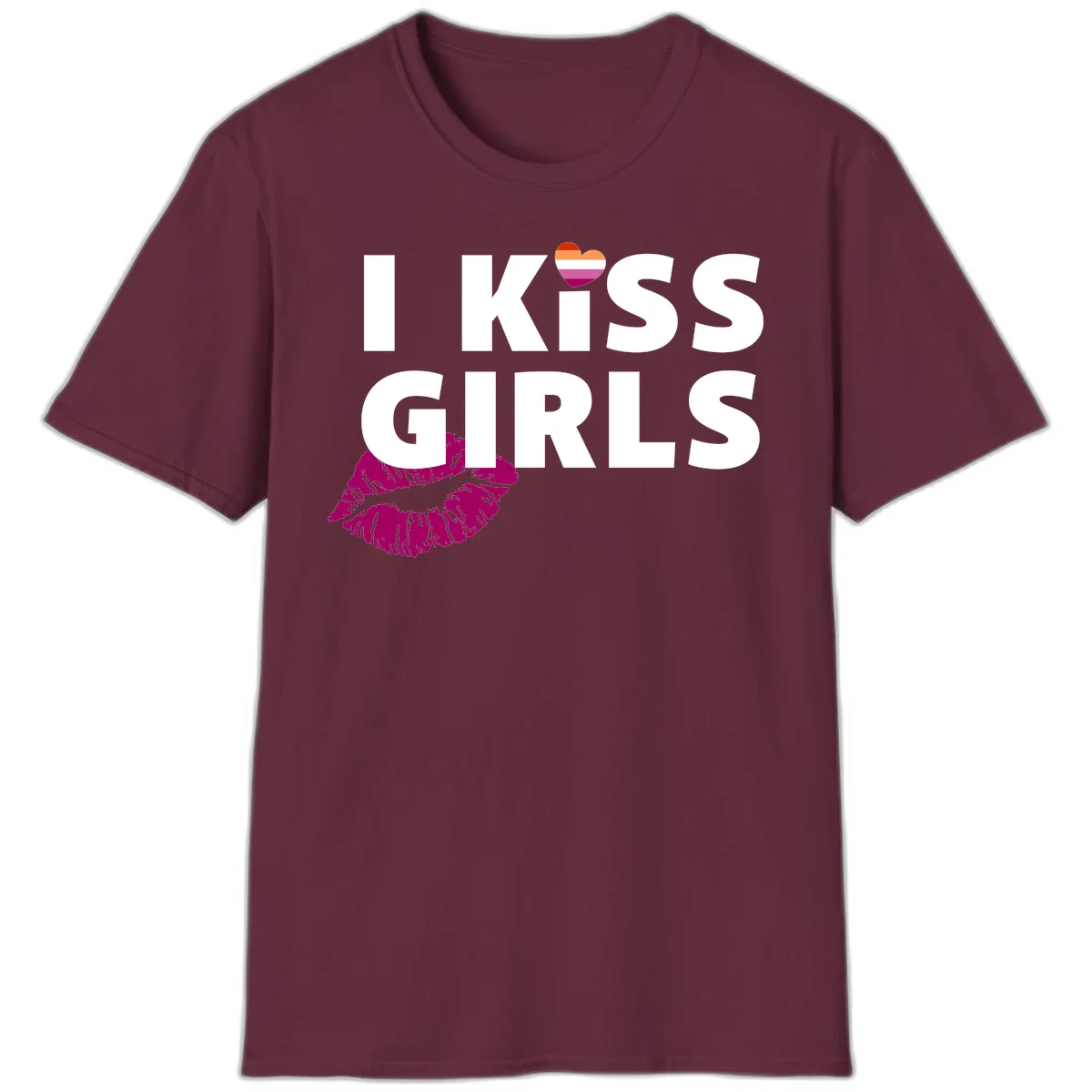 I Kiss Girls pride design with magenta lip print, rainbow heart, and bold white lettering celebrating lesbian identity in Maroon