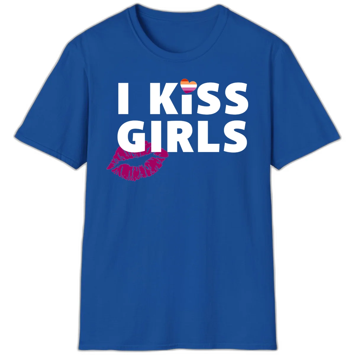 I Kiss Girls pride design with magenta lip print, rainbow heart, and bold white lettering celebrating lesbian identity in Royal