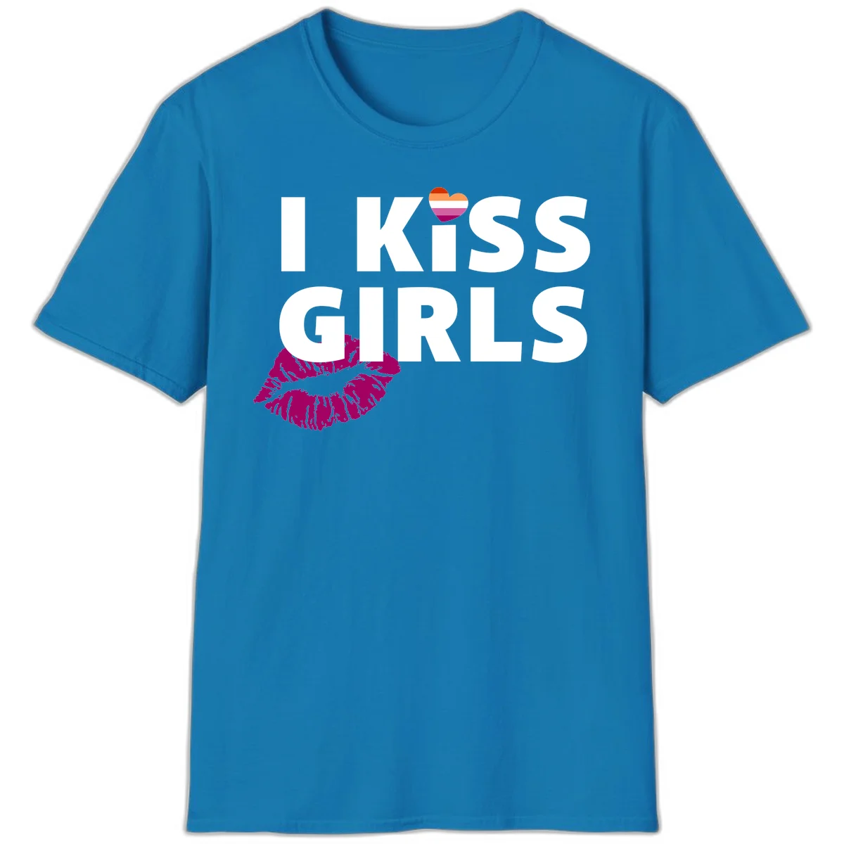 I Kiss Girls pride design with magenta lip print, rainbow heart, and bold white lettering celebrating lesbian identity in Sapphire