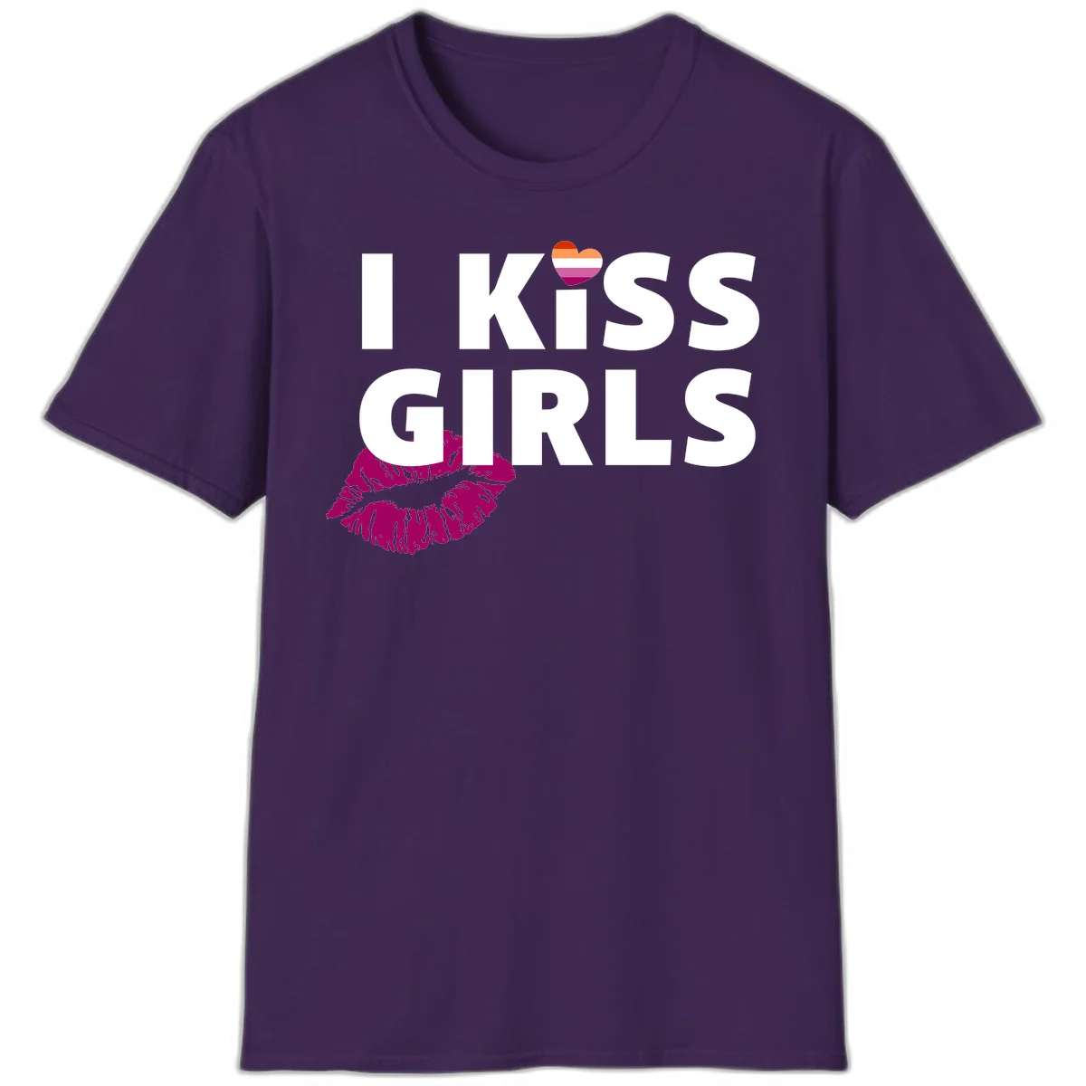 I Kiss Girls pride design with magenta lip print, rainbow heart, and bold white lettering celebrating lesbian identity in Purple