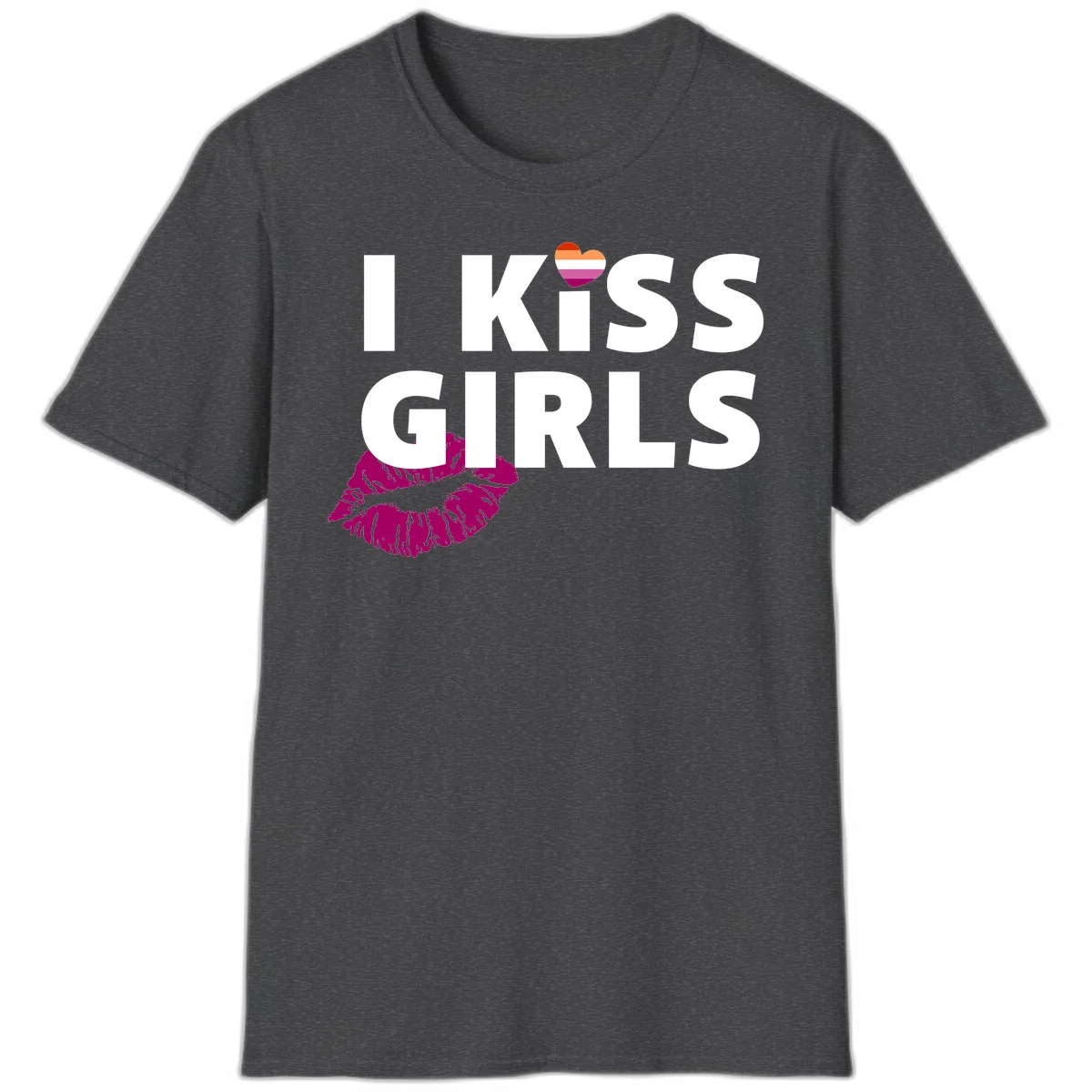 I Kiss Girls pride design with magenta lip print, rainbow heart, and bold white lettering celebrating lesbian identity in Dark Heather