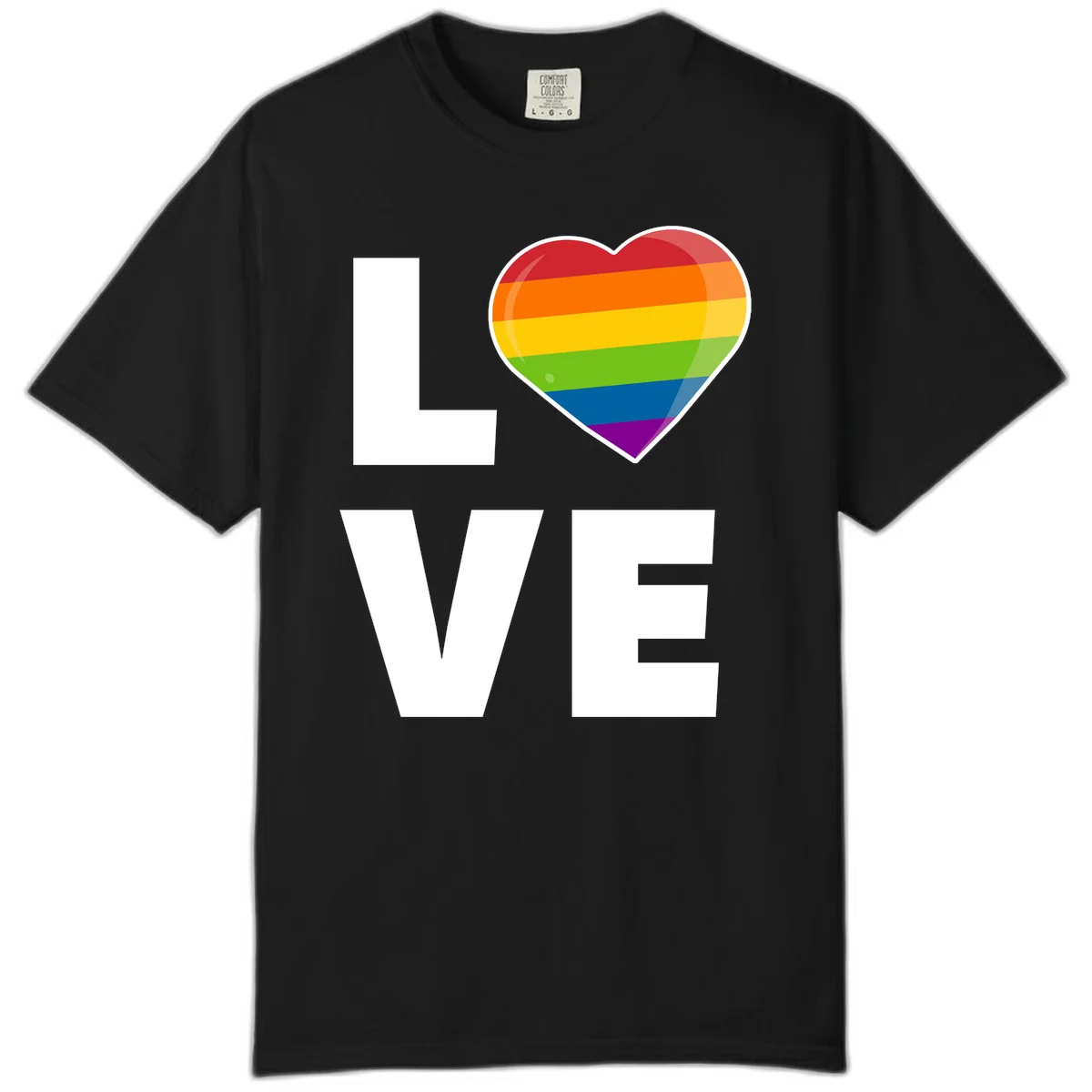 Love is love pride design featuring large white LOVE text with a rainbow-striped heart symbol in Black
