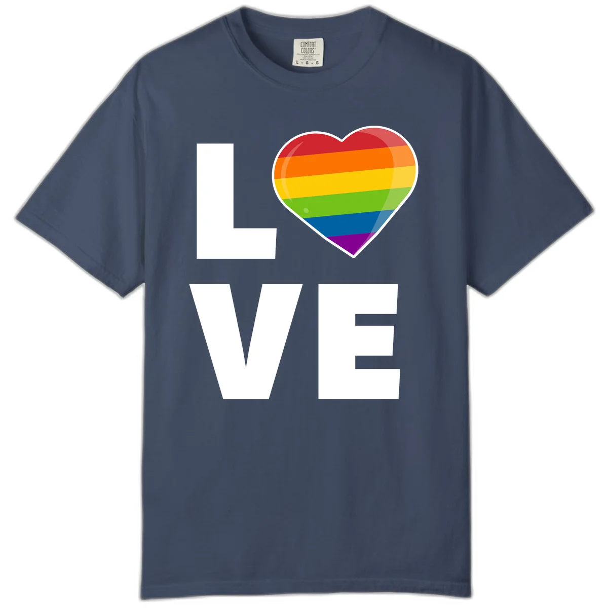 Love is love pride design featuring large white LOVE text with a rainbow-striped heart symbol in Midnight