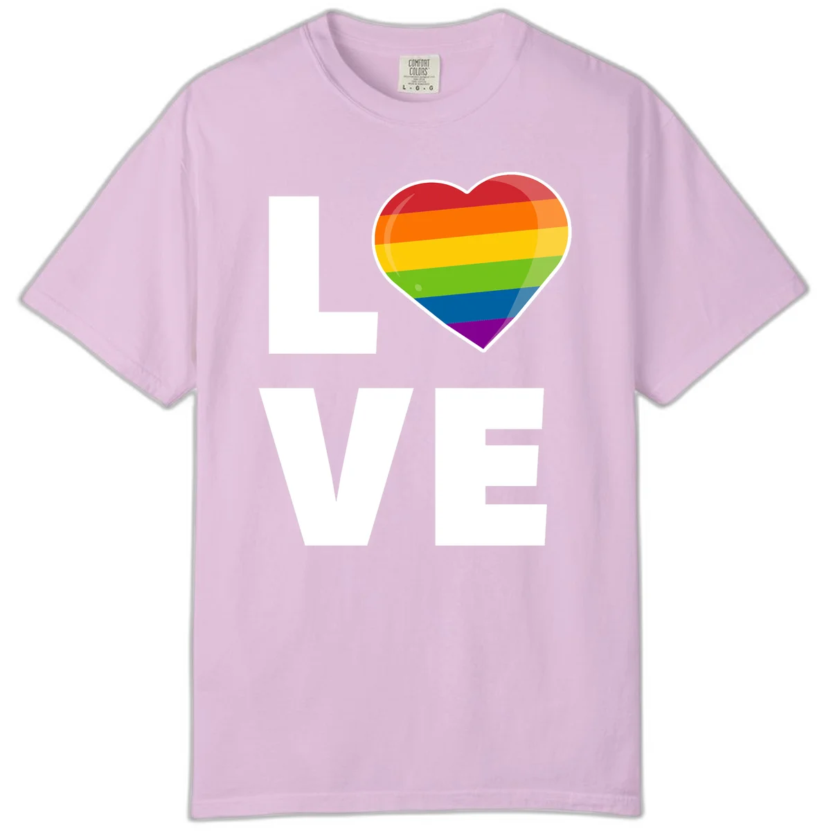Love is love pride design featuring large white LOVE text with a rainbow-striped heart symbol in Orchid