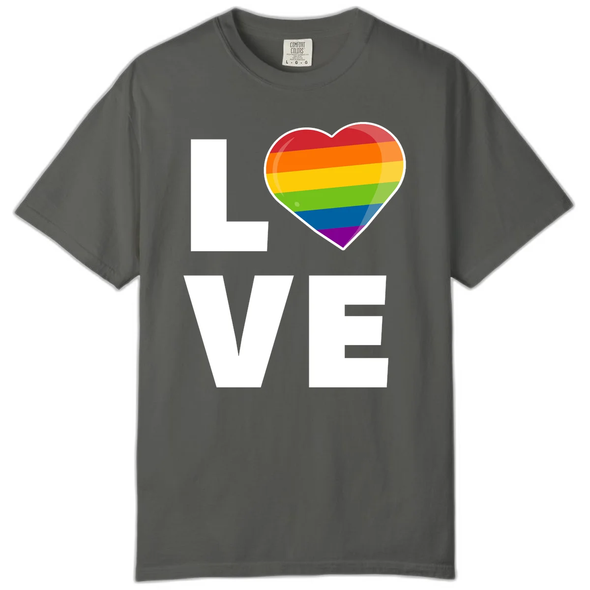 Love is love pride design featuring large white LOVE text with a rainbow-striped heart symbol in Pepper