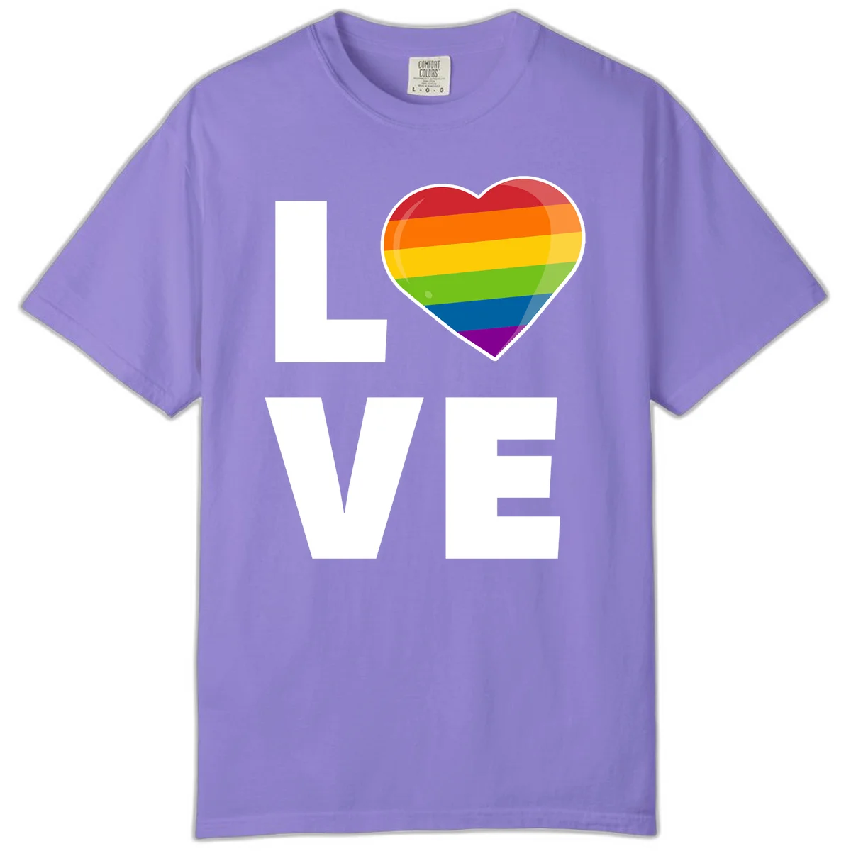 Love is love pride design featuring large white LOVE text with a rainbow-striped heart symbol in Violet