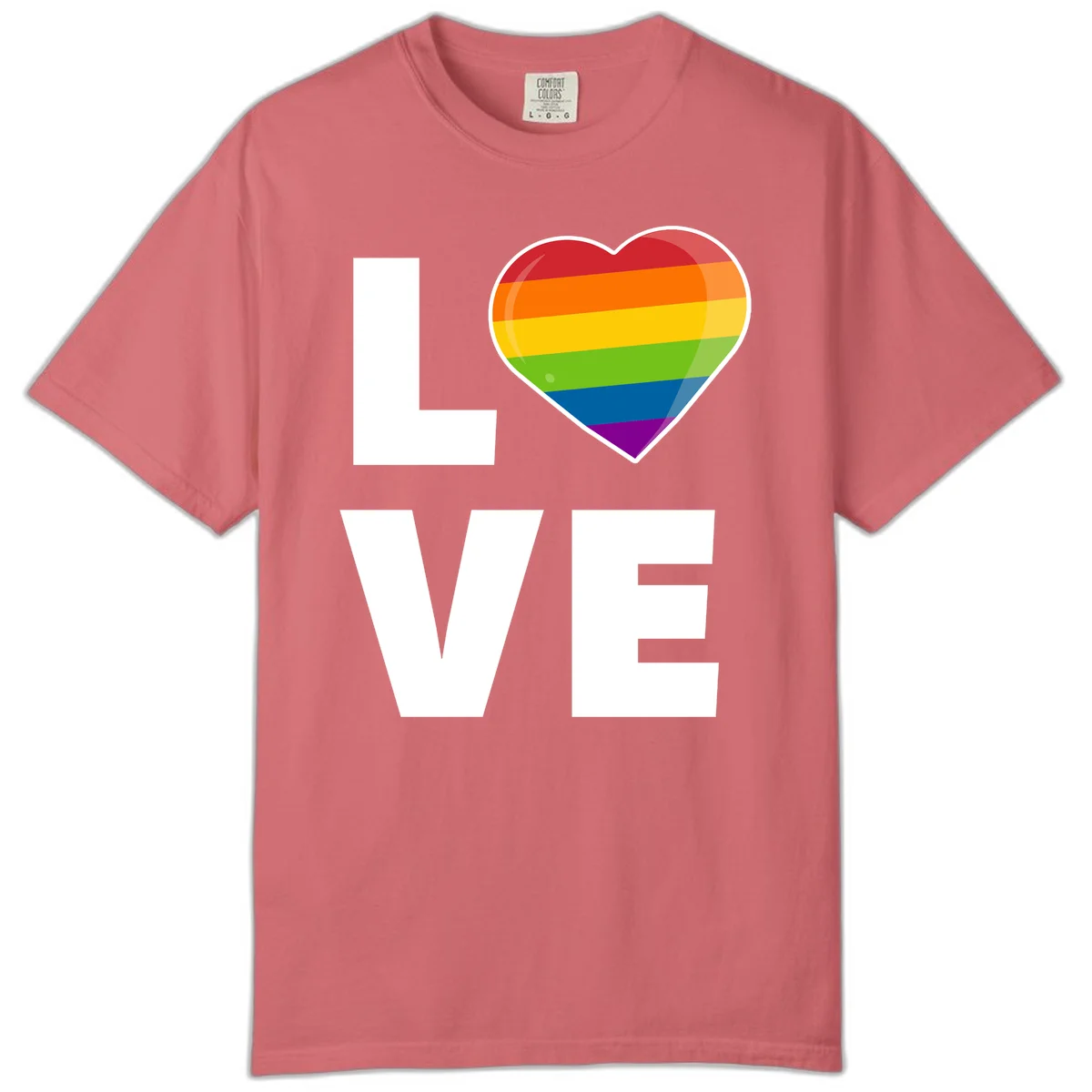 Love is love pride design featuring large white LOVE text with a rainbow-striped heart symbol in Watermelon