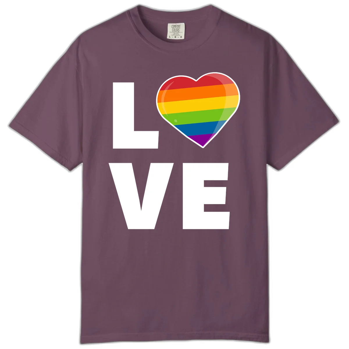 Love is love pride design featuring large white LOVE text with a rainbow-striped heart symbol in Berry