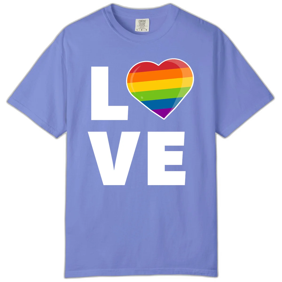 Love is love pride design featuring large white LOVE text with a rainbow-striped heart symbol in Flo Blue