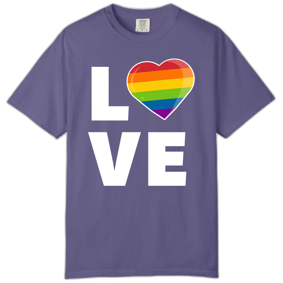 Love is love pride design featuring large white LOVE text with a rainbow-striped heart symbol in Grape