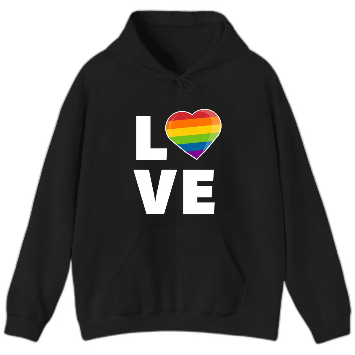 Love is love pride design featuring large white LOVE text with a rainbow-striped heart symbol in Black
