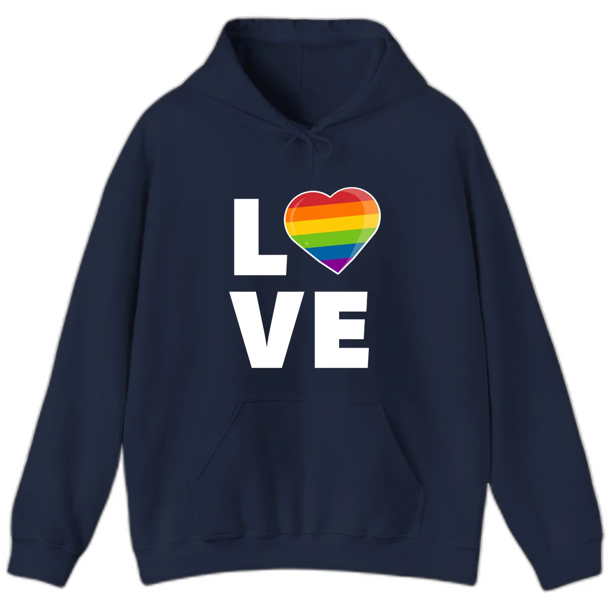 Love is love pride design featuring large white LOVE text with a rainbow-striped heart symbol in Navy
