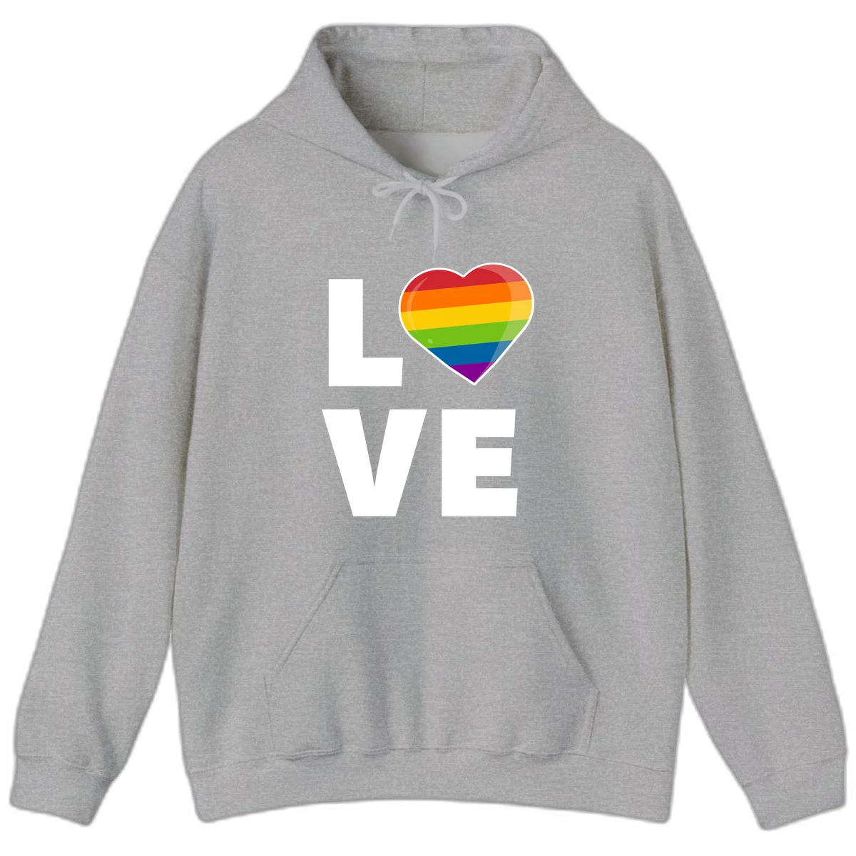 Love is love pride design featuring large white LOVE text with a rainbow-striped heart symbol in Sport Grey