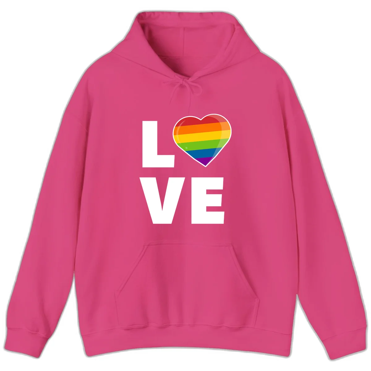 Love is love pride design featuring large white LOVE text with a rainbow-striped heart symbol in Heliconia