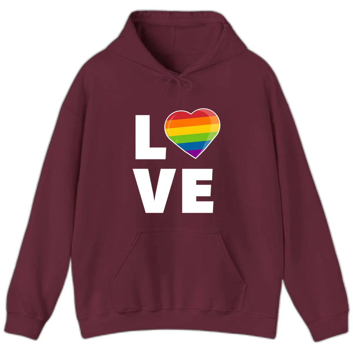 Love is love pride design featuring large white LOVE text with a rainbow-striped heart symbol in Maroon