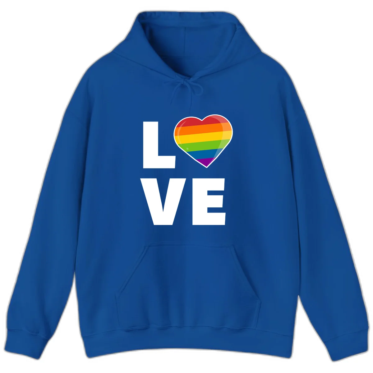 Love is love pride design featuring large white LOVE text with a rainbow-striped heart symbol in Royal
