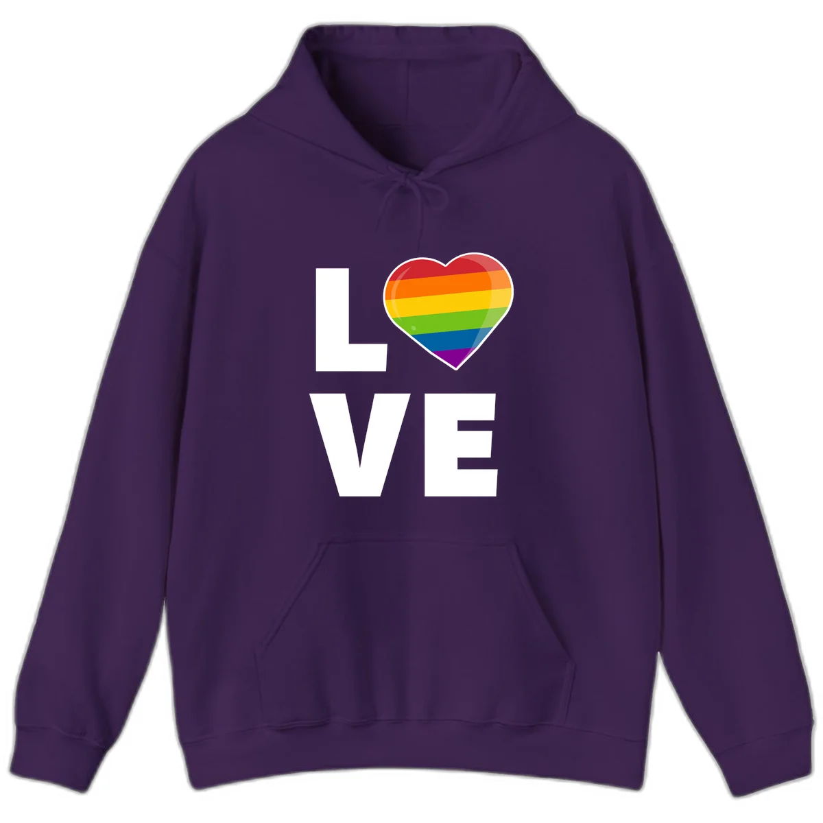 Love is love pride design featuring large white LOVE text with a rainbow-striped heart symbol in Purple