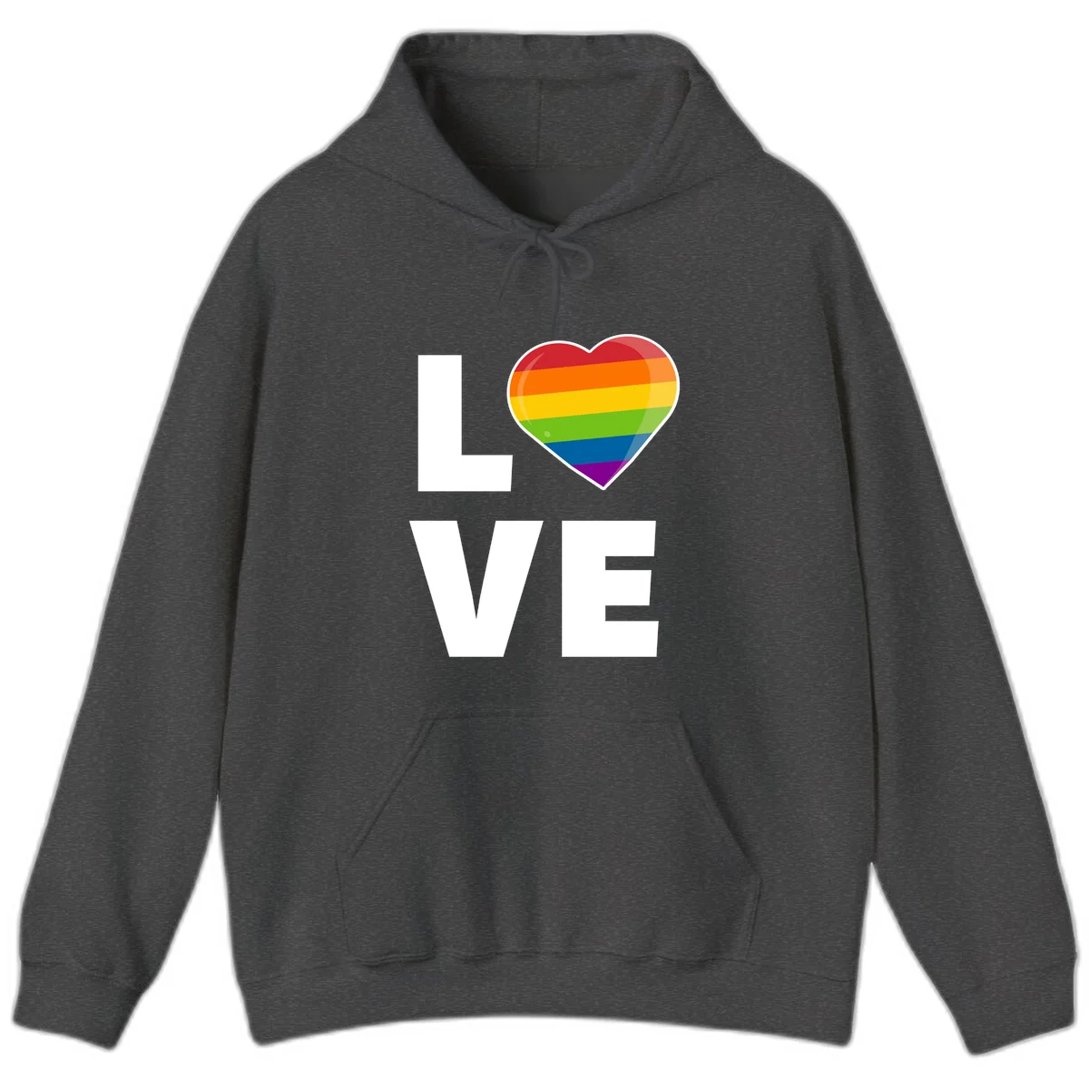 Love is love pride design featuring large white LOVE text with a rainbow-striped heart symbol in Dark Heather