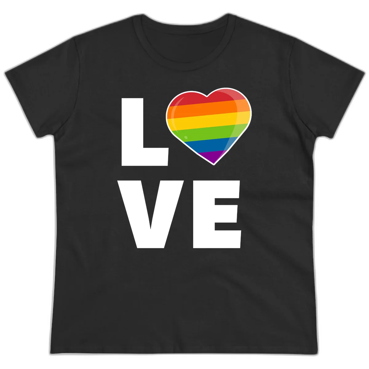 Love is love pride design featuring large white LOVE text with a rainbow-striped heart symbol in Black