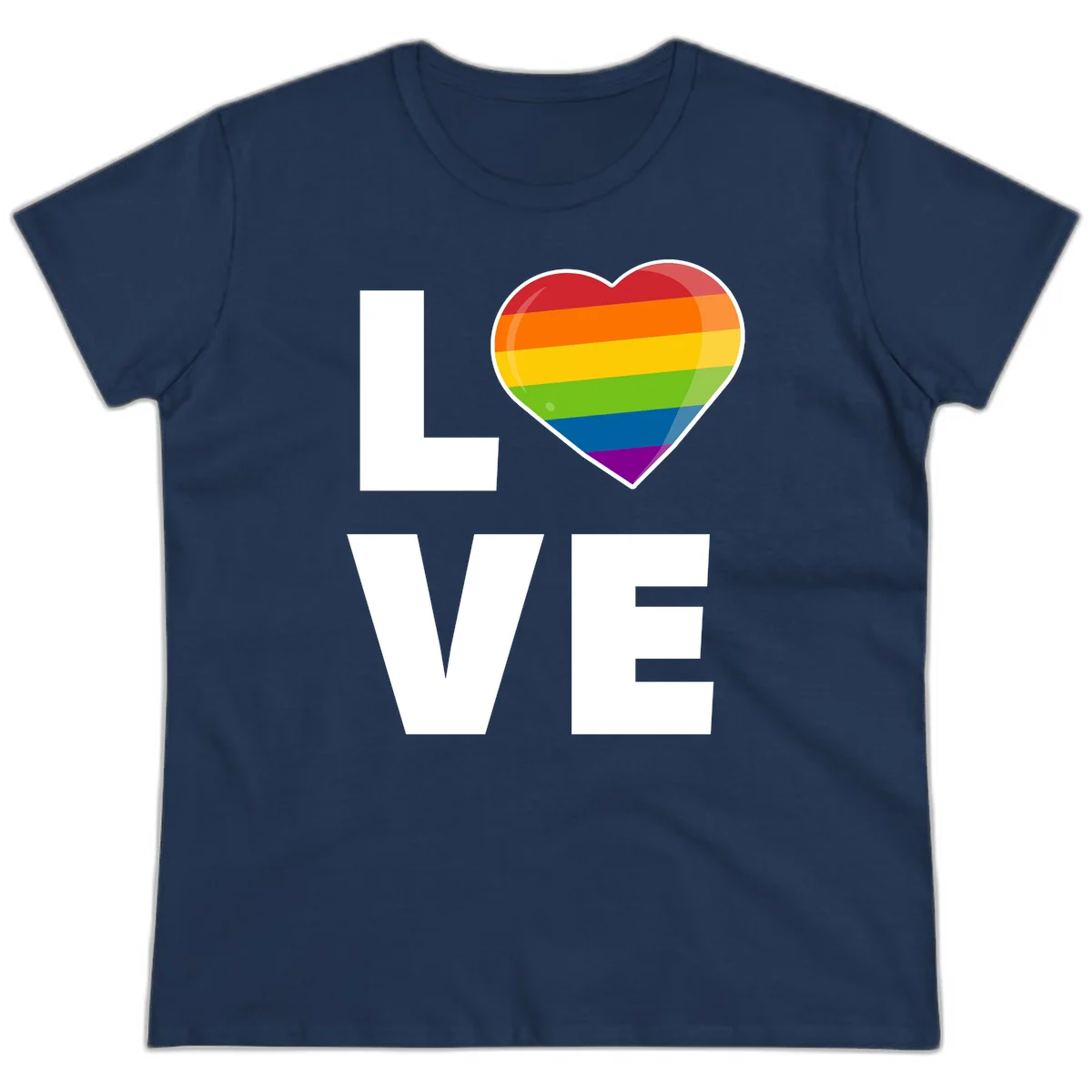 Love is love pride design featuring large white LOVE text with a rainbow-striped heart symbol in Navy